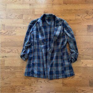 Potter's Pot Navy Blue Orange Open Blazer jacket Women S Flannel Plaid Gray Coat